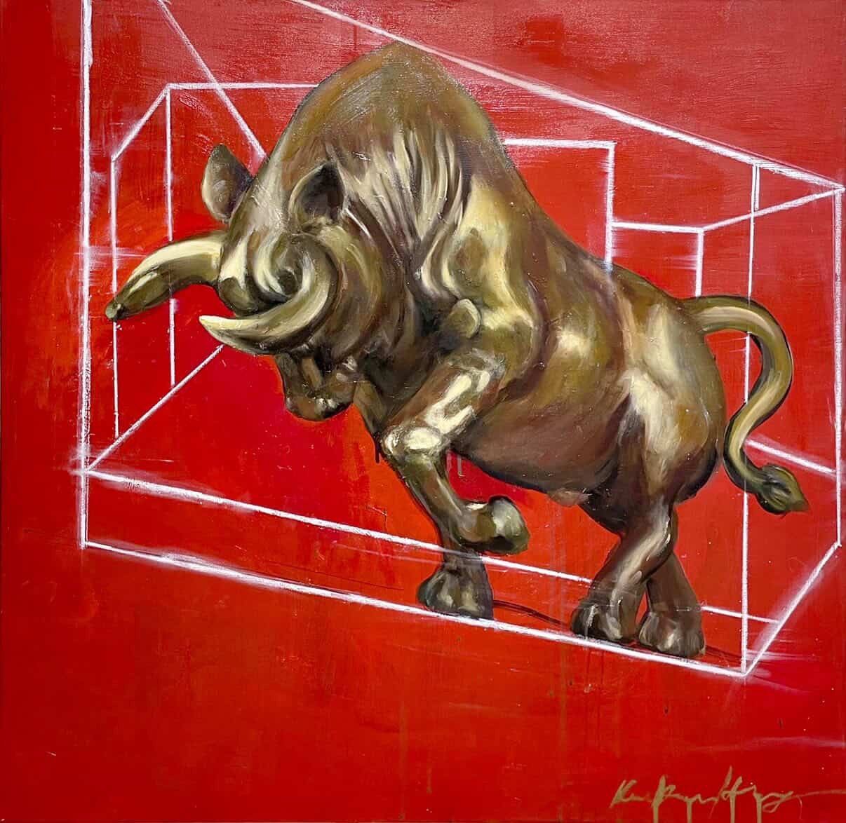 Metallic bull on a red ground with white linear framing.