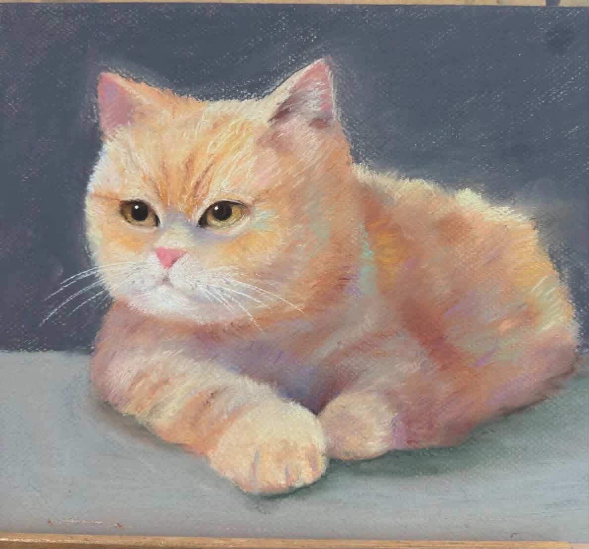 Pastel portrait of a ginger cat on a dark ground.