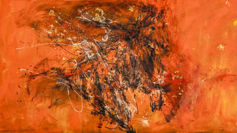 Expressive horse painting in orange and red tones.
