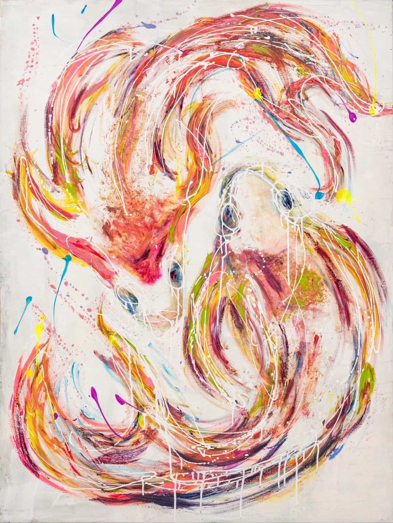 Abstract oil painting of two koi in circular motion on a light ground.