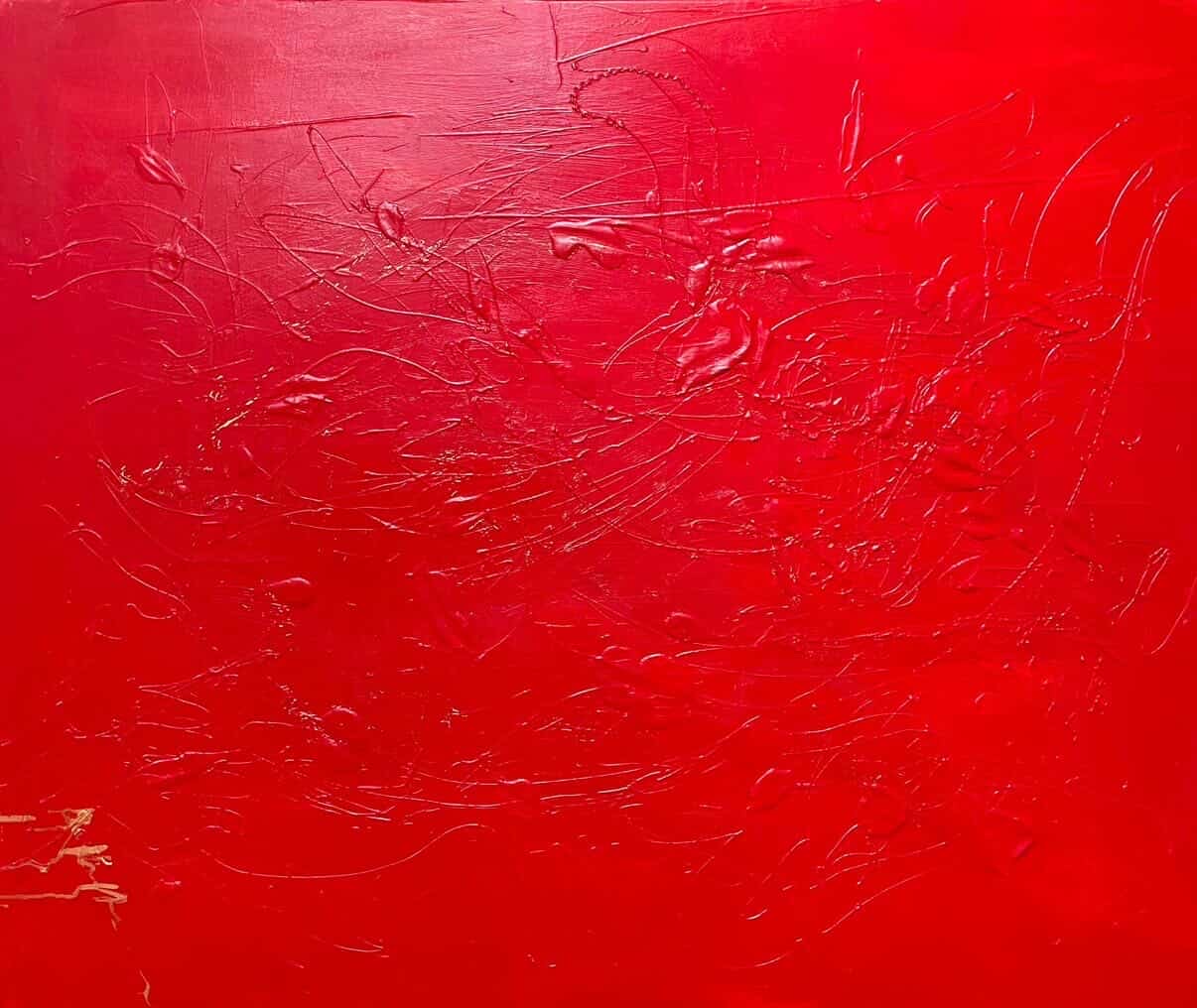 Peinture abstraite rouge monochrome à texture linéaire dense.