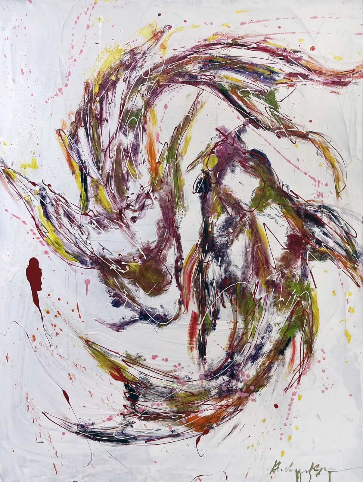 Deux carpes koi peintes au geste et à l’éclaboussure.