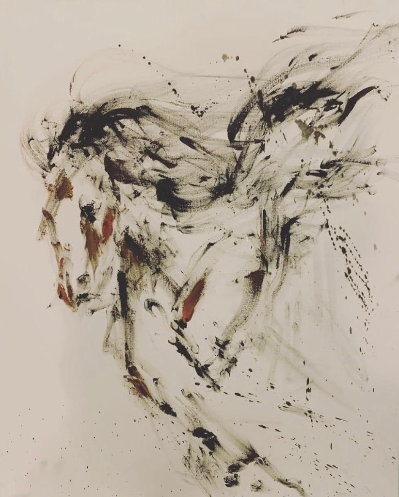 Abstract ink painting of a horse in motion, with warm terracotta accents on a cream ground.