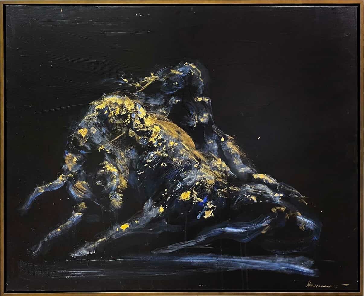 Dark figurative painting with blue-black and gold gestures.