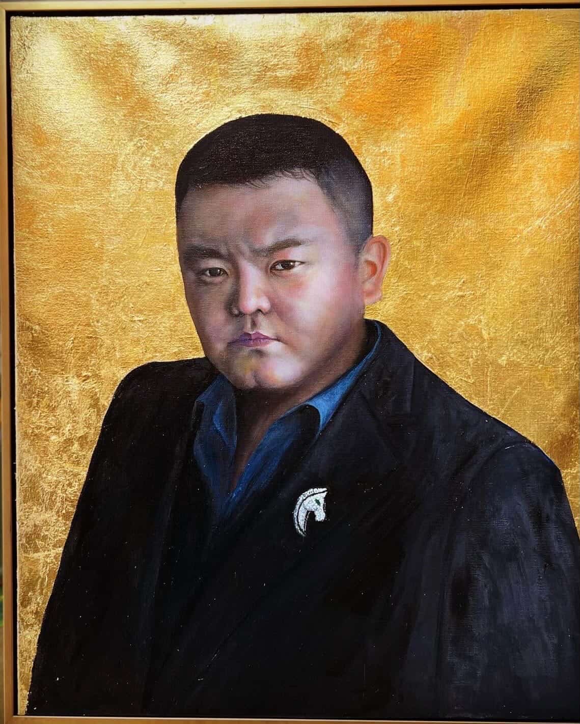 Formal portrait against a textured gold ground.