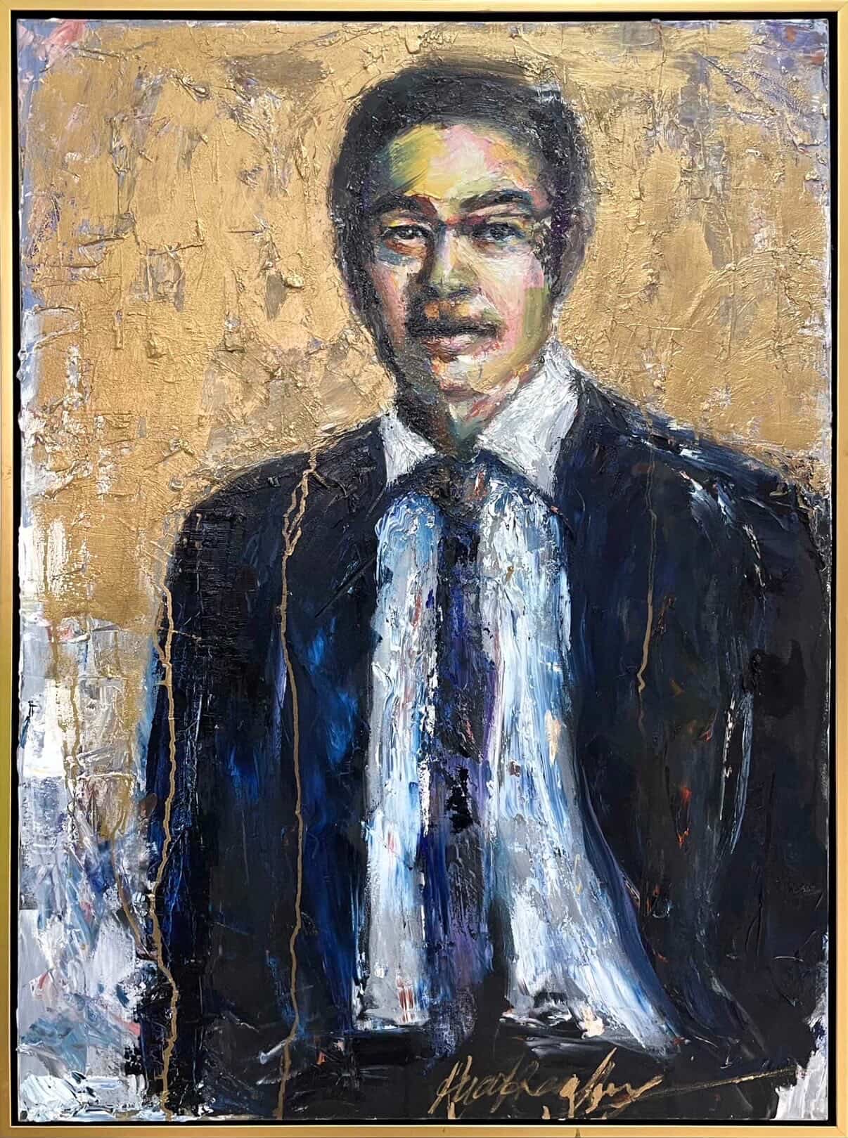 Formal portrait with a white sash against a gold impasto ground.