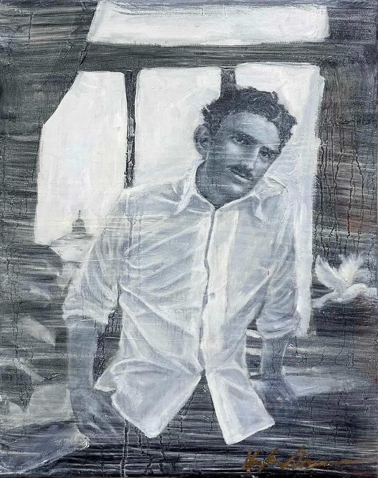 Monochrome portrait with a dove and architectural hints.