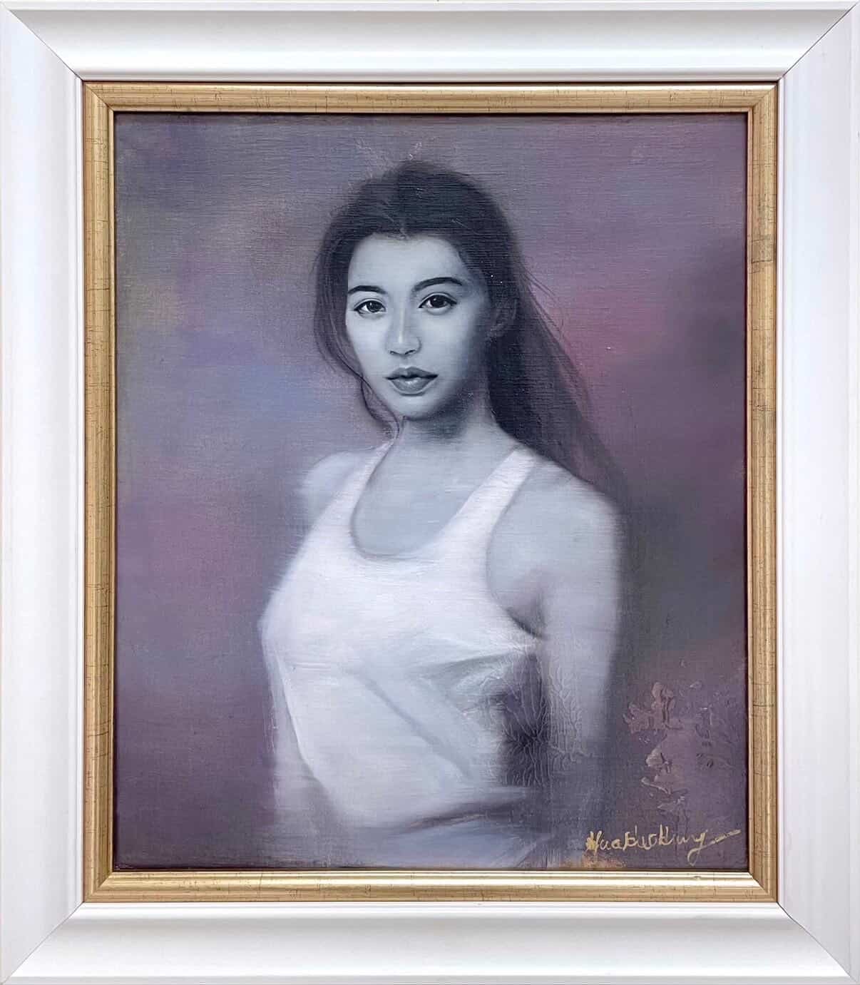 Young woman in white against a soft violet atmosphere.