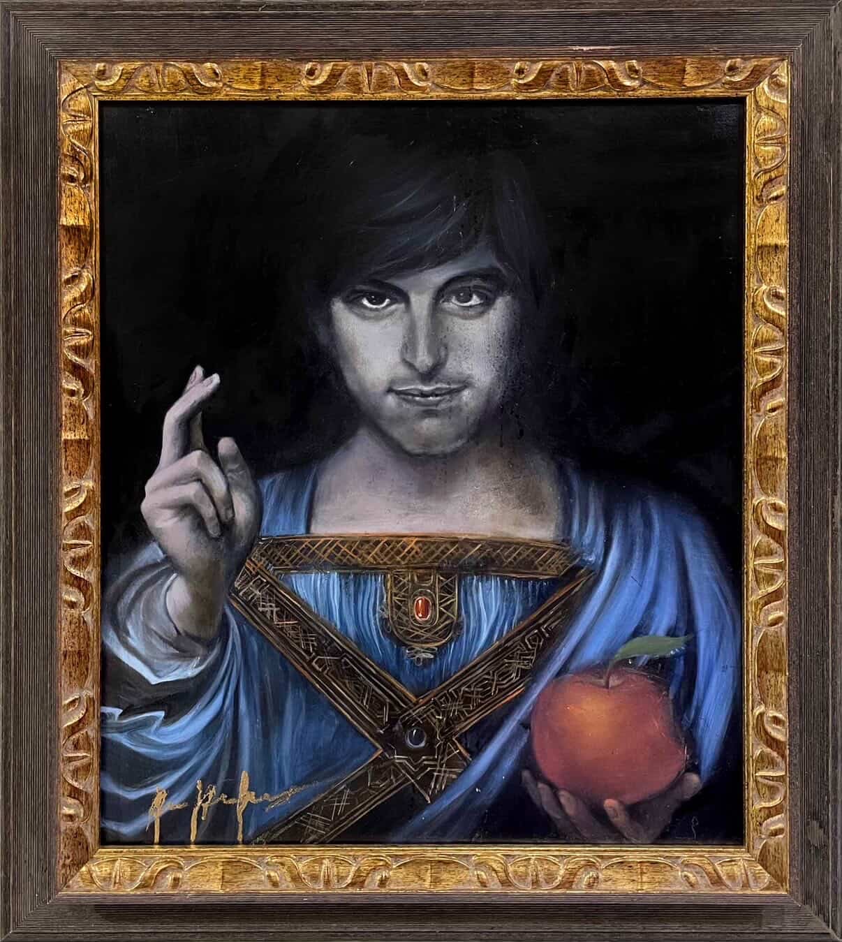 Portrait de style Renaissance avec une pomme rouge à la main.