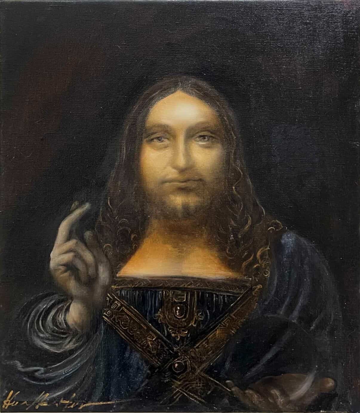 Portrait à drapé sombre mêlant conventions figuratives classiques.