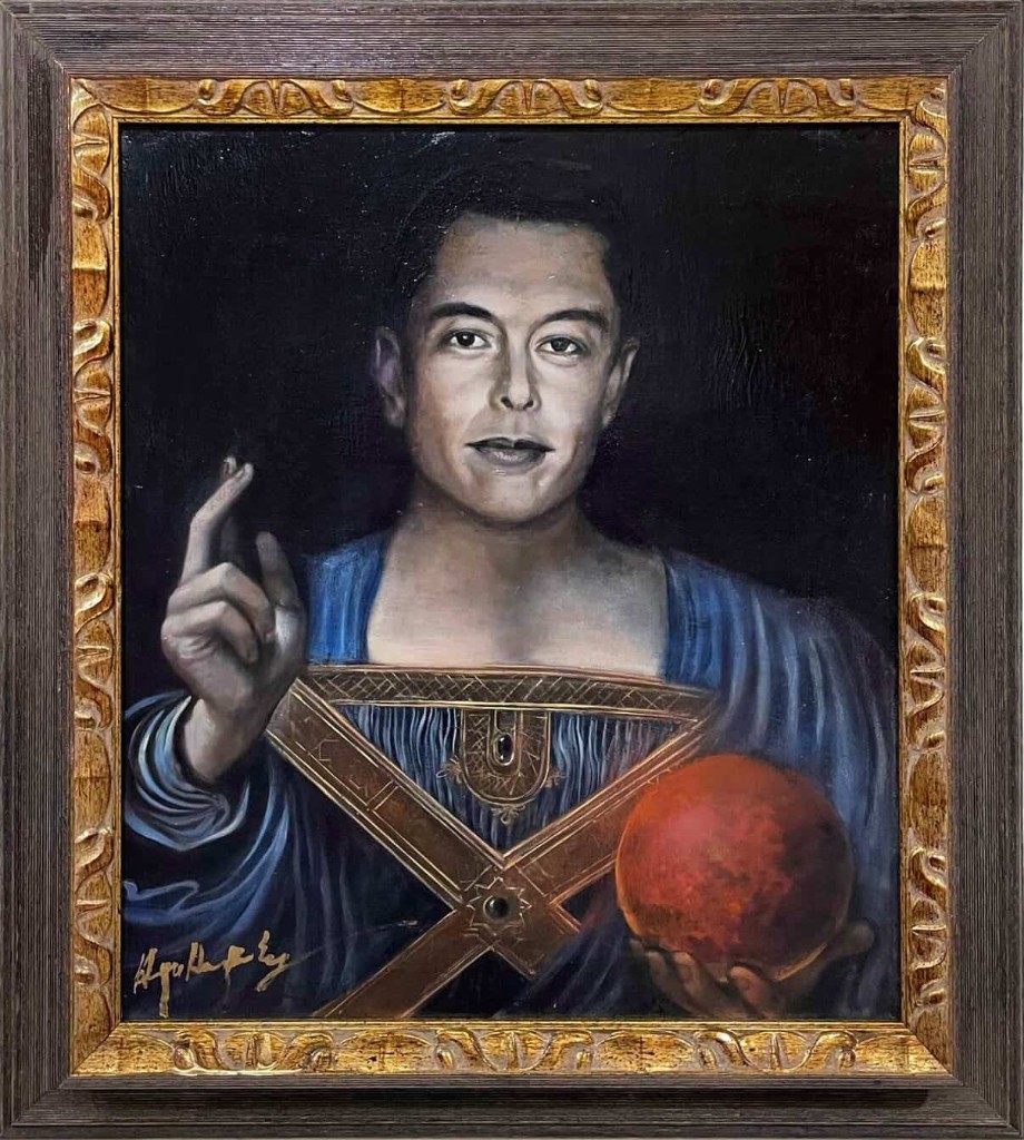 Portrait à l’huile en costume Renaissance tenant une orbe rouge.