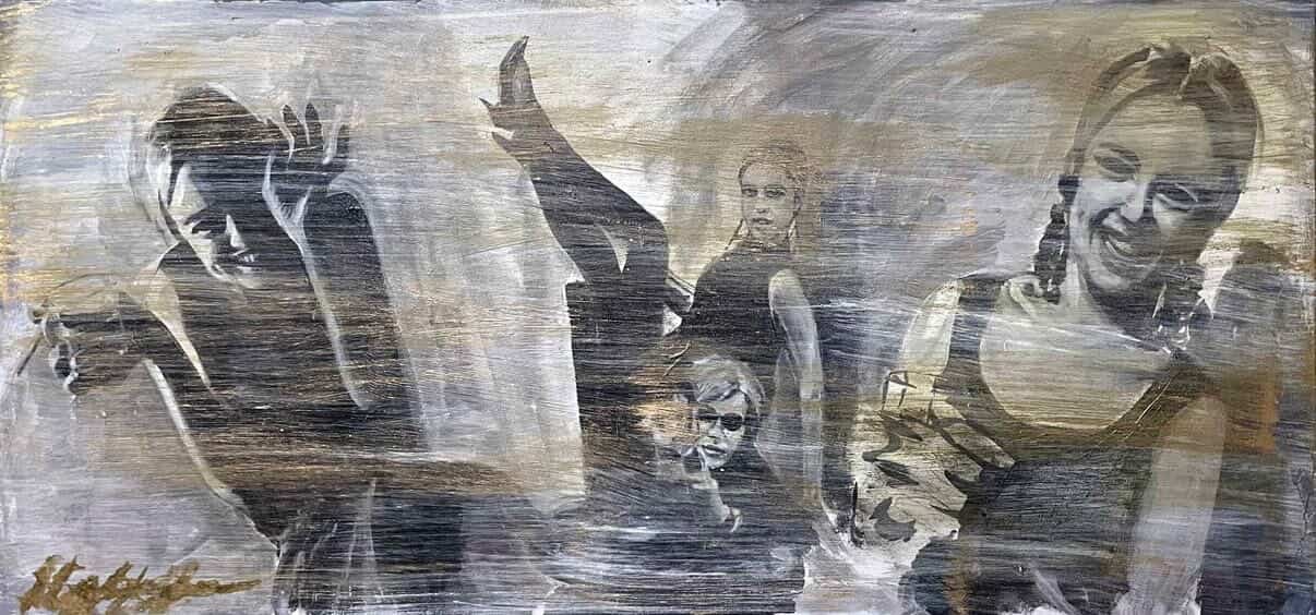 Horizontal scene with figures and gold horizontal brushmarks.