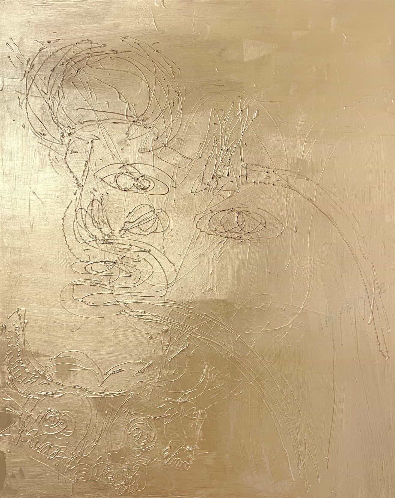 Portrait abstrait doré métallique construit à partir de traits linéaires.